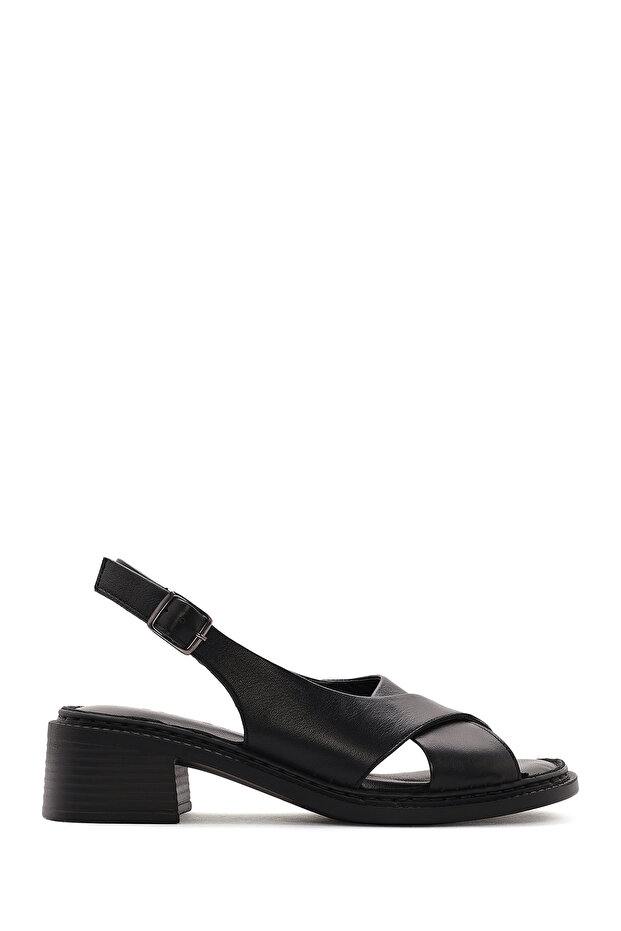 Women's Black Ankle Buckle Short Heeled Leather Sandals 26Sfd341418