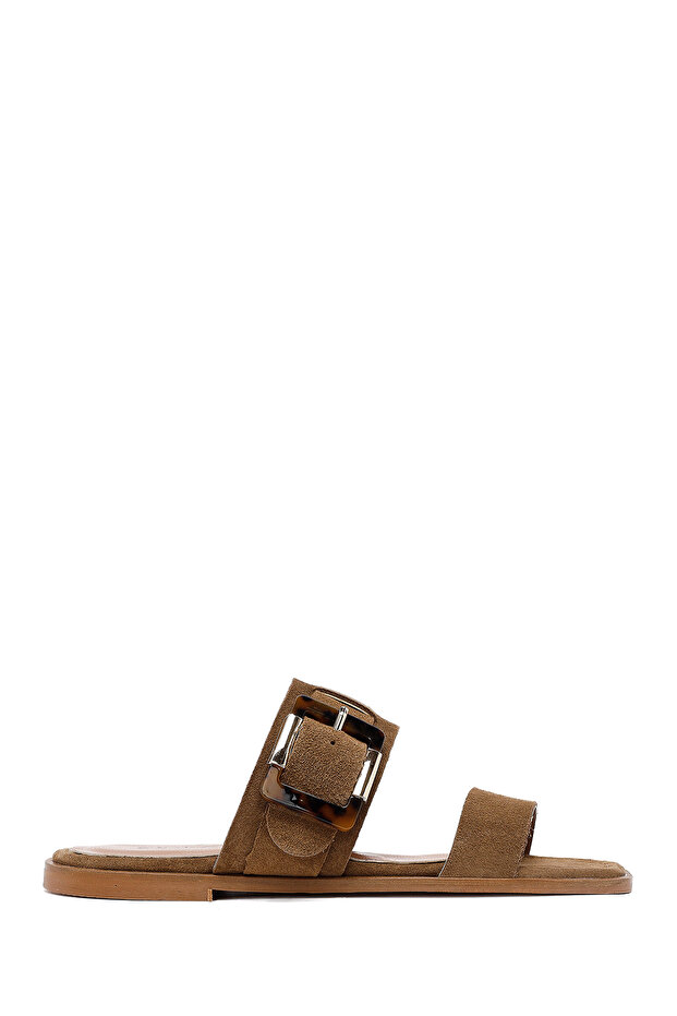 Women's Beige Buckle Suede Leather Slippers 25Sfd160710