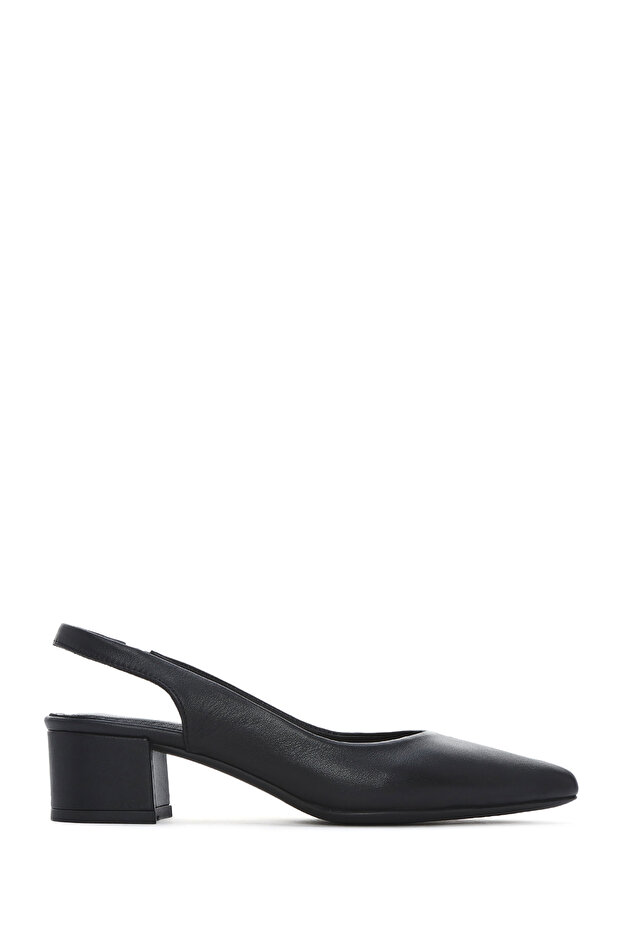 Women's Black Open Back Thick Short Heeled Leather Shoes 26Pfd140618
