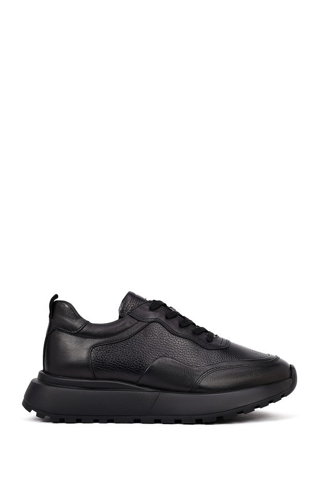 Men's Black Lace-Up Thick Sole Genuine Leather Sneaker, Winter Sports Shoes 25Wfd641114