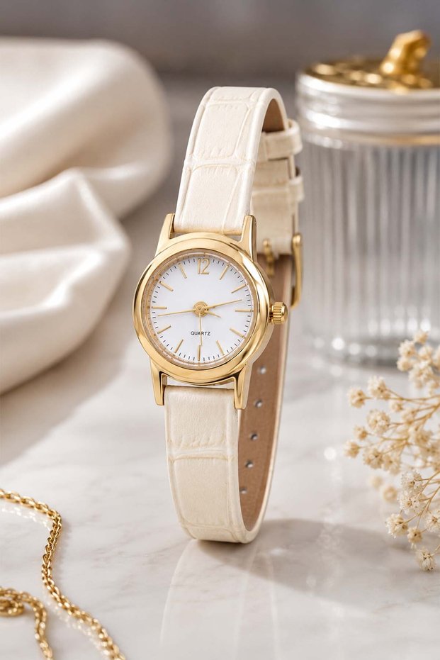 Uggys Minimal Cream Leather Corded Gold Case Round Women's Wristwatch
