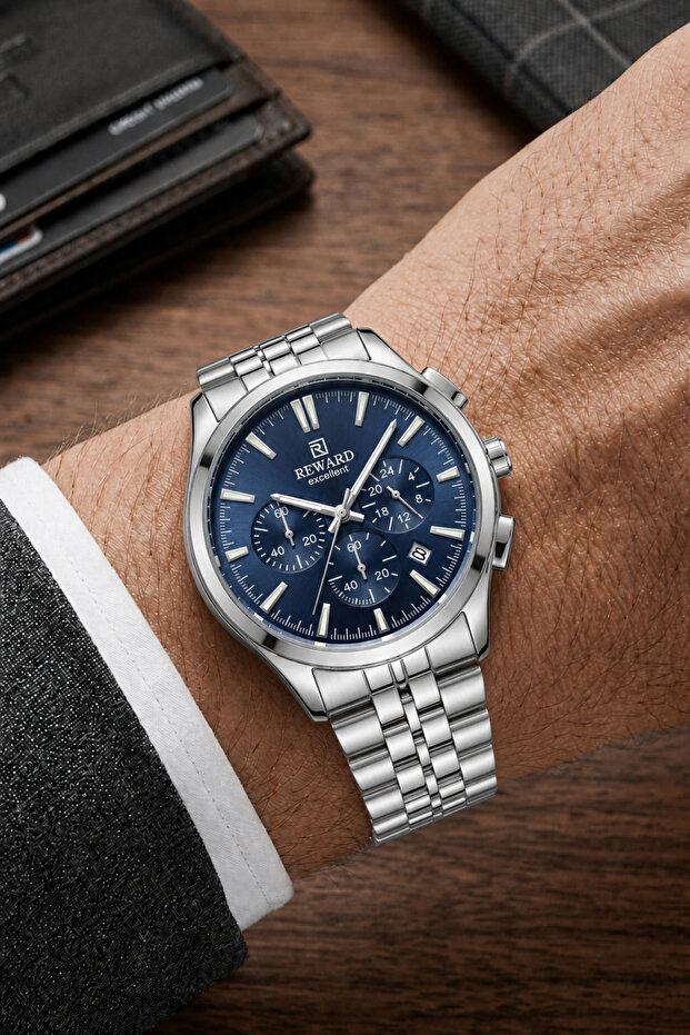 Men's Silver Metal Cord Navy Blue Dial Calendar Function Wristwatch 2 Years Warranty