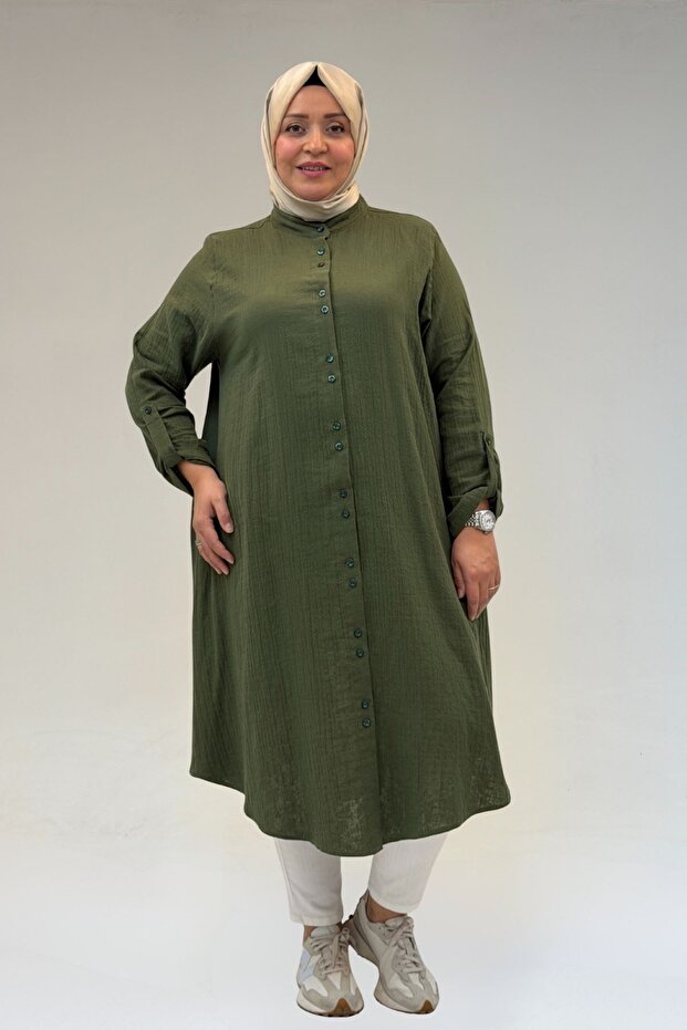 58092 Plus Size Double Button Detailed Muslin Shirt - Khaki