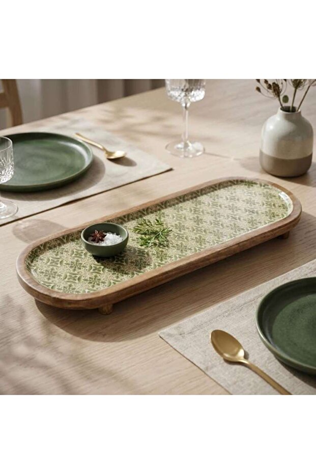 Mangifera Mango Wooden Footed Serving Platter 70x20x5cm -green & Natural