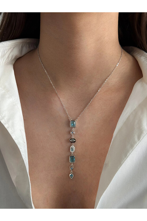 Steel Silver Blue Stone Y Necklace