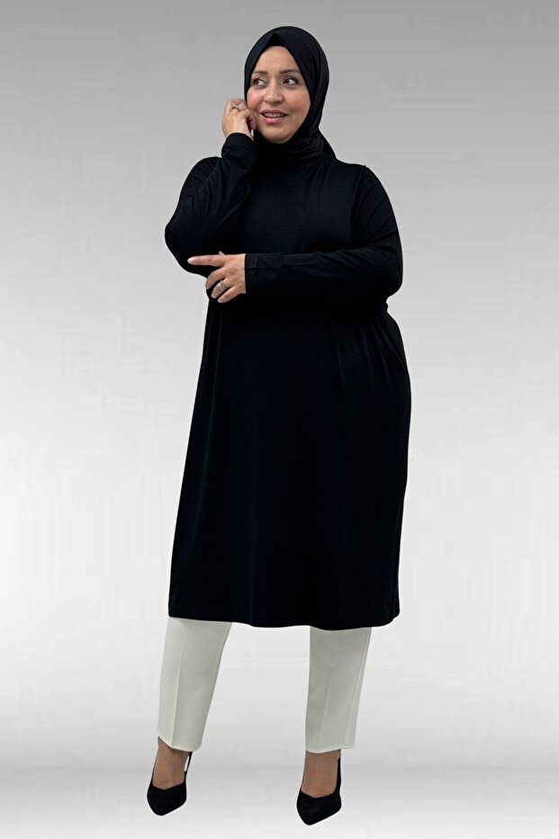 28092 Large Size Low Sleeve Combed Cotton Tunic-black