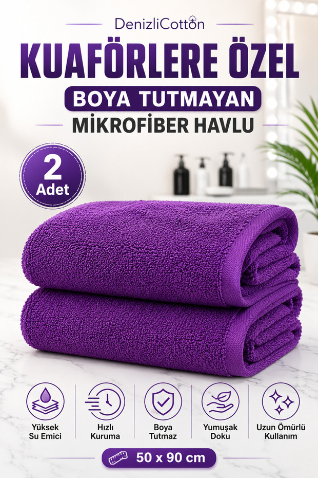 Special for Hairdressers, Dye-Resistant Microfiber Hair Towel 50X90 cm Set of 2 Purple