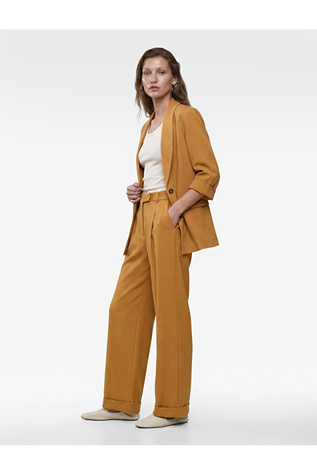 Regular Waist Pocketed Wide Leg Palazzo Trousers with Pleated Detail