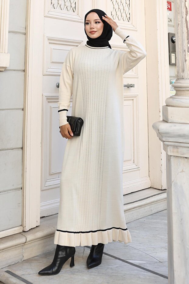 Cuff Stone Detailed Knitwear Dress White 6150