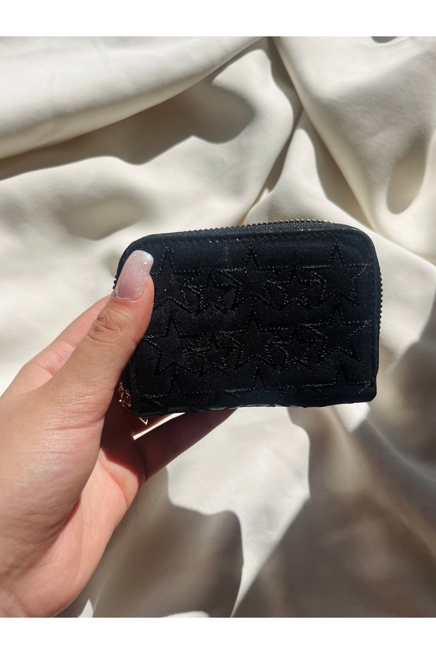 Star Detailed Black Small Size Shiny Wallet ((Marteniçka Bracelet Is a Gift! !))