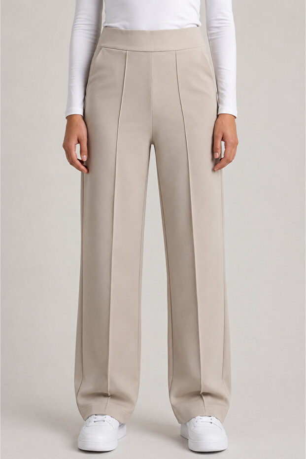 Beige High Waist Women's Palazzo Trousers with Pockets