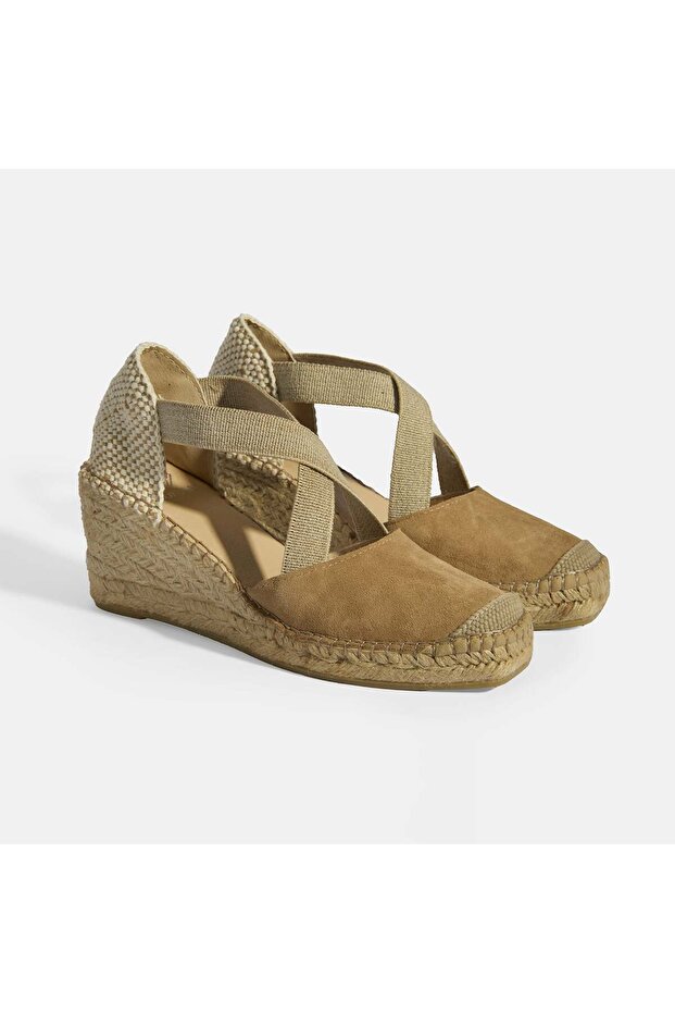 Beige Women's Rubber Banded Wedge Heeled Suede Espadrille