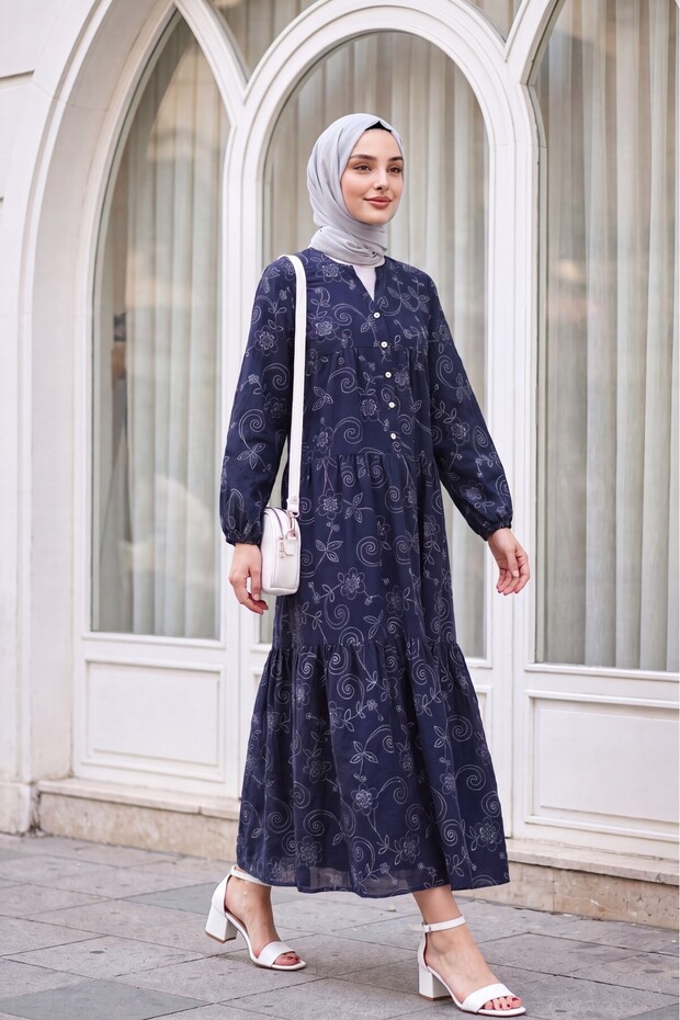 Elastic Sleeves, Half Buttoned, Jacquard Printed, Parted Dress - Navy