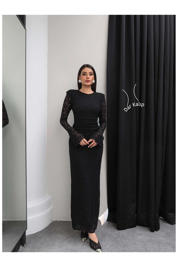 Long Lace Dress with Padded Shoulders