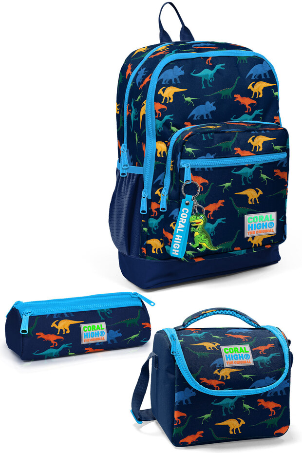 طقم حقائب مدرسية مكونة من 3 قطع بنمط ديناصور باللون الأزرق الداكن للأطفال SET0123115