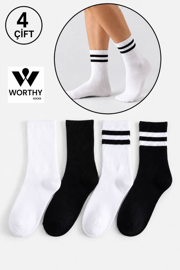 Pack of 4 Women's Black White Striped Plain Cotton Tennis College Socks