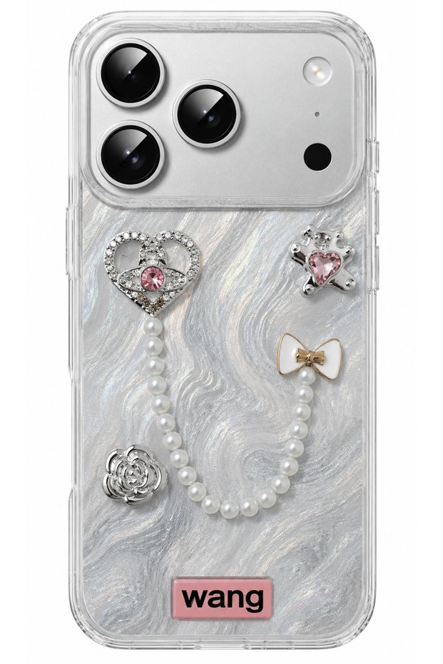 iPhone 17 Pro Max/18 Pro Max Rhinestone Case with Pearl Necklace Detail, Marbling Effect 3D Heart and Motif Charm Cover