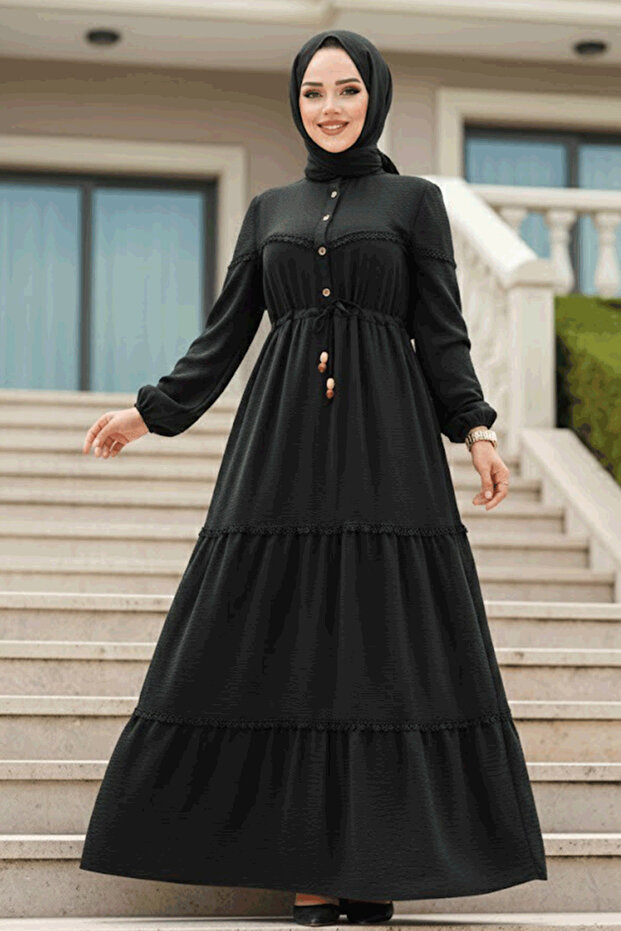 Buttoned Black Hijab Dress 63250S