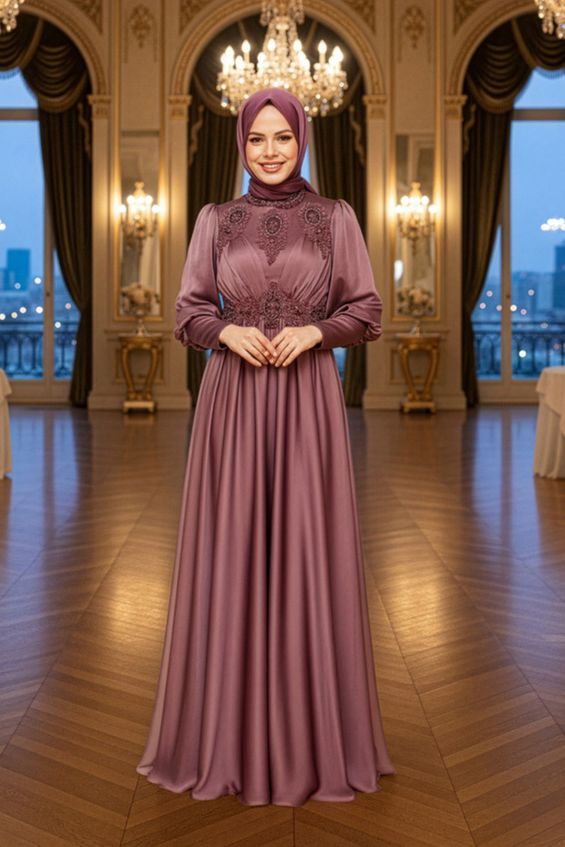 Beaded Dark Dusty Rose Hijab Evening Dress 22101Kgk