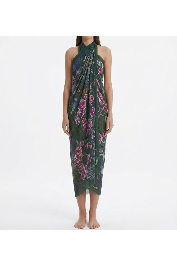 Green Color Floral Pattern Pareo High Quality 130 cm Khaki