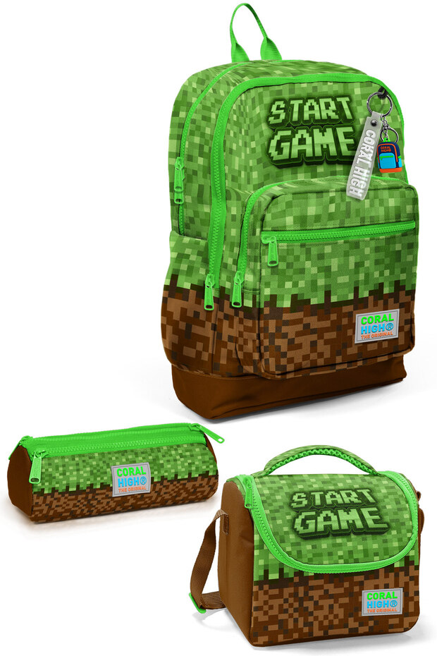 Kids Green Brown High Craft Patterned 3-Piece School Bag Set Set0123776