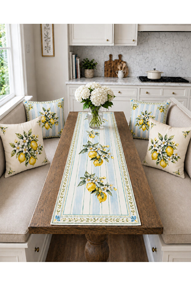 Blue Cream Lemon Runner and Set of 4 Throw Pillow Covers Mediterranean Decorative Pillow