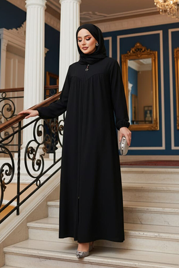 Zippered Black Hijab Ferace 45285S