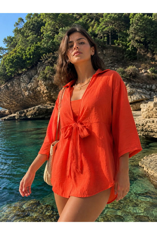 Women's Orange Self-Striped Front Tie Kimono Shirt Arm-24Y001101