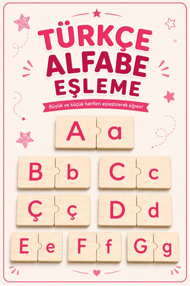 Turkish Alphabet Matching, 29 Letters, Pink, Wooden Alphabet Puzzle, Montessori Big Small Letter Puzzle Game