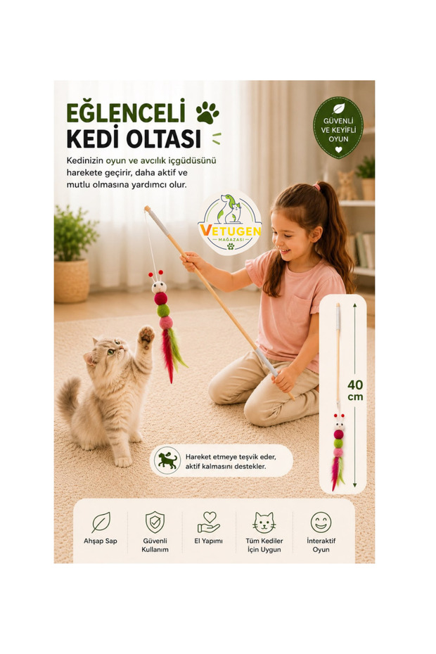 40 cm Wooden Handle, Cute Caterpillar Cat Fishing Rod with Bell