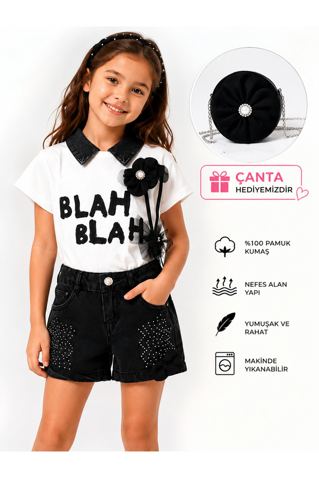 Girl's Black Denim Shorts Printed Set with Bag Stylish Casual Birthday Combination