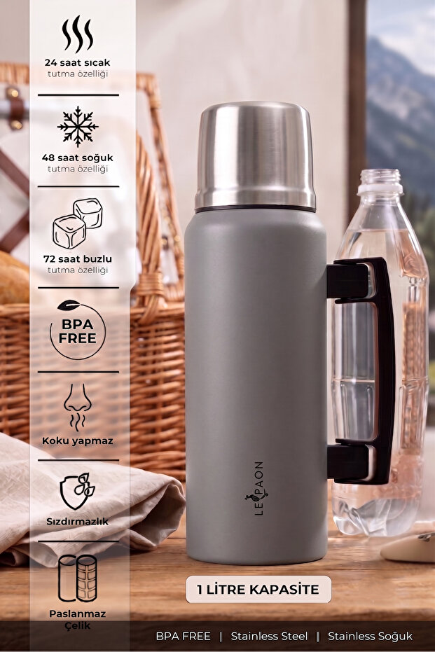  1 Liter 304 Stainless Steel Thermos with Folding Handle, Keeps Hot for 24 Hours, Cold for 48 Hours, Leak-Proof