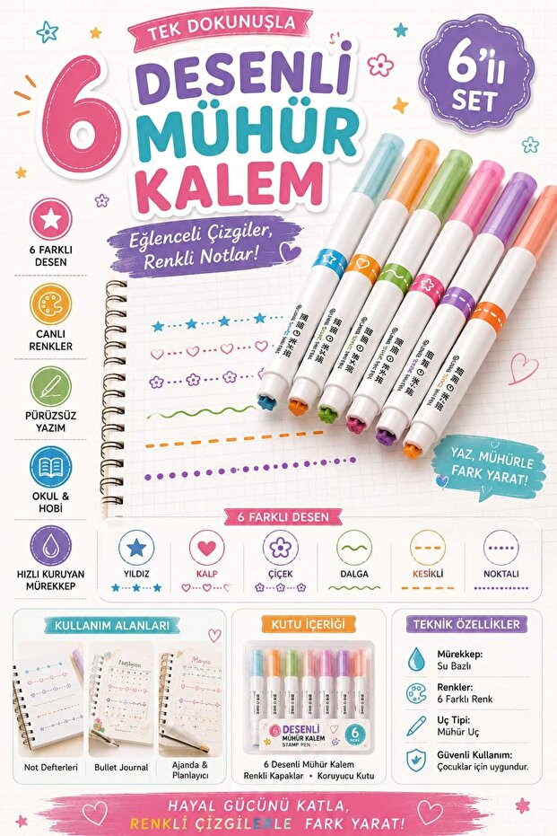 Patterned Cylinder Seal Pen 6 Patterned Shaped Figure Drawing Pen, Gift Sweetness Pens