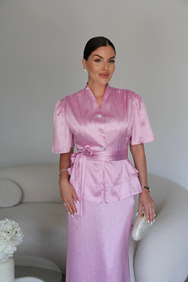 Premium Top and Bottom Polka Dot Satin Set with Belted Jacket and Maxi Long Skirt