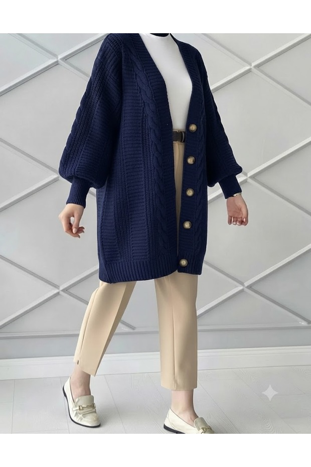 Women's Winter Hair Knit Popular Trend Dark Blue Knitwear Cardigan