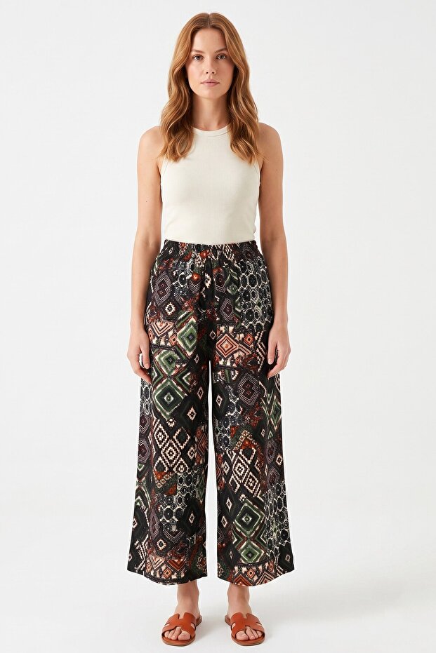 Women's Mixed Color Abstract Patterned Atlas Wide Leg Pants