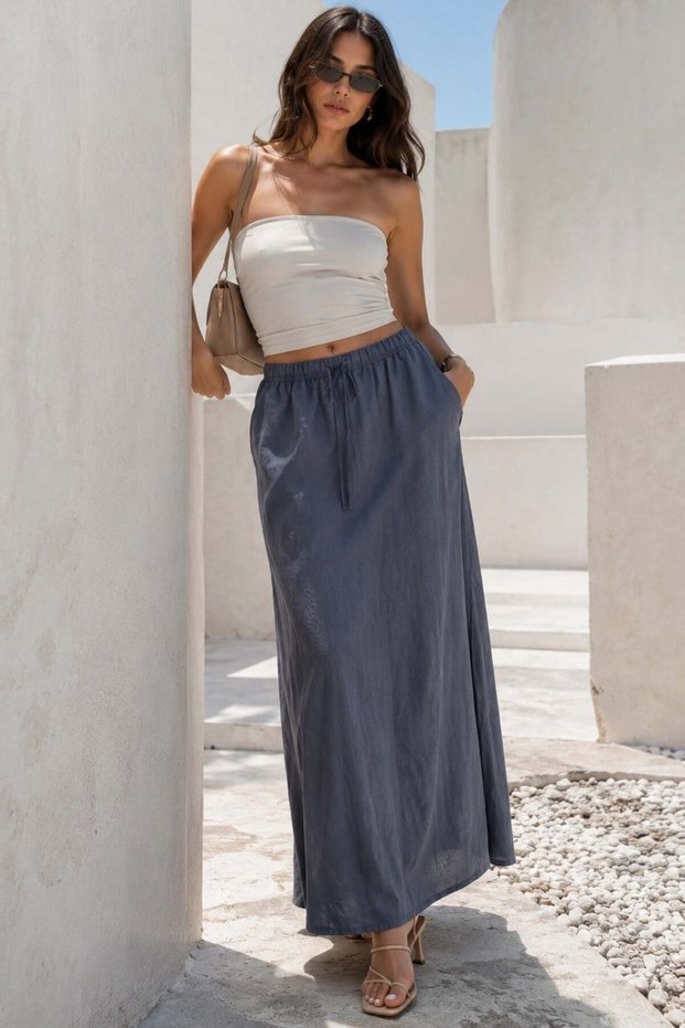 Smoked Elastic Waist Long Women's Skirt MG1979