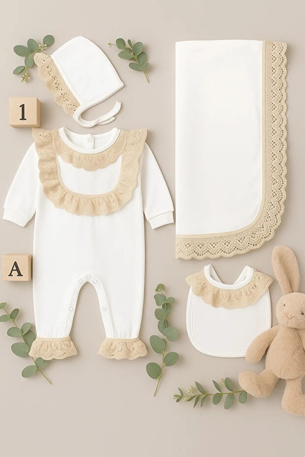 0-3 Months 100% Cotton Laced Jumpsuit Hat Bib Blanket Newborn Hospital Release Set 7072