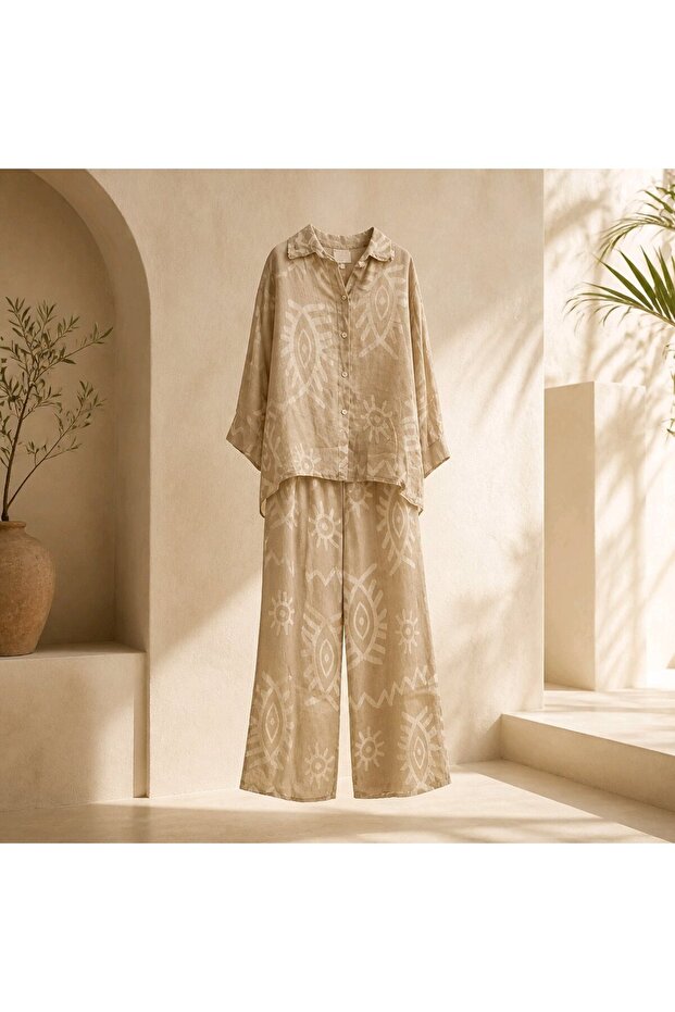 Women's Fish Patterned Bohemian Linen Shirt and Trousers Two-Piece Set
