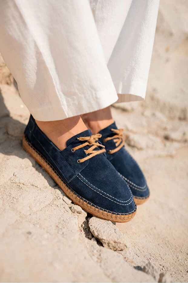 Fleur Genuine Leather Navy Blue Lace-Up Espadrille