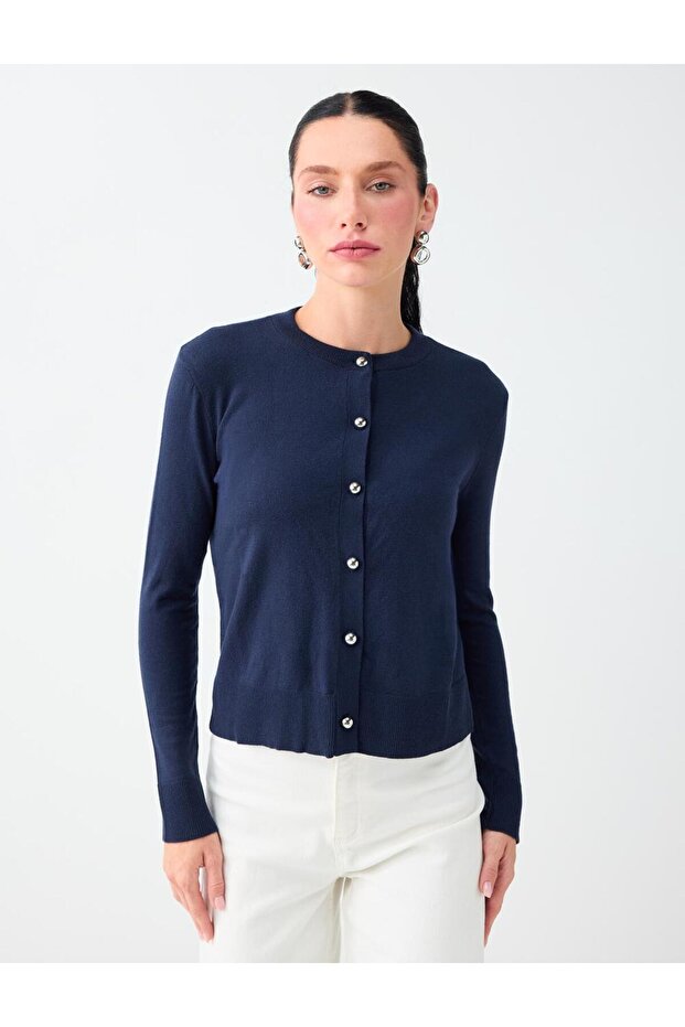 Navy Blue Metal Button Detailed Long Sleeve Knitwear Cardigan