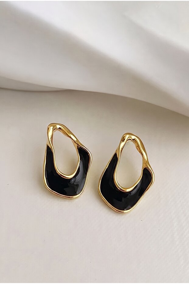 Asymmetrical Black Enameled Gold Color Women's Earrings