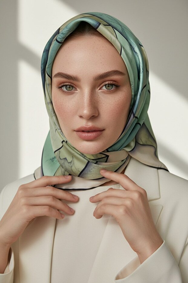 100% twill silk marble patterned mint green - khaki colored 90x90 scarf sewing method: hand stitching
