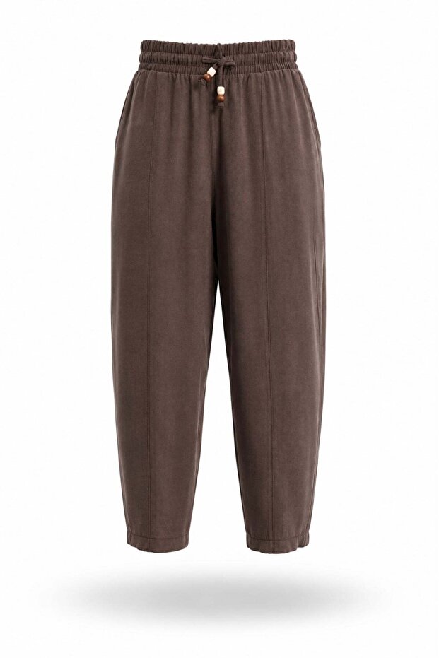 Brown Elastic Waist Carrot Cut Trousers 581175