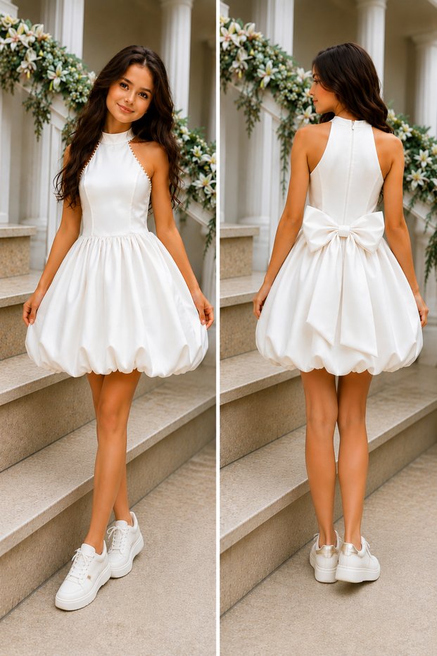 Girl'S/Women's Ecru Pearl Detailed Halter Neck Balloon Skirt Big Bow Special Design Dress – Birthday, Wedding, Engagement, Holiday, Party, and Special Occasion