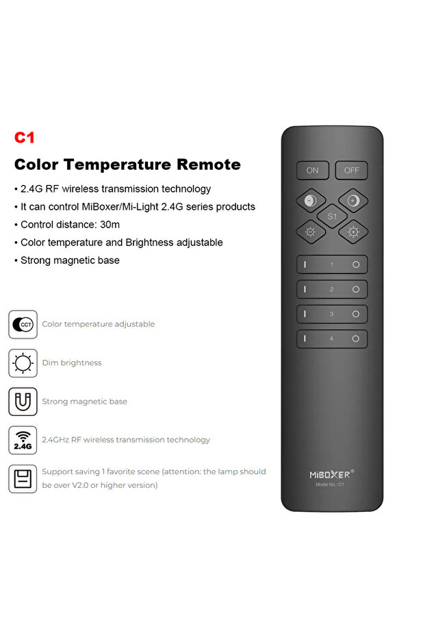 مصباح C1 Miboxer C1 بتردد 2.4 جيجاهرتز، 4 مناطق، تحكم لاسلكي في درجة حرارة اللون، سطوع قابل للتعديل