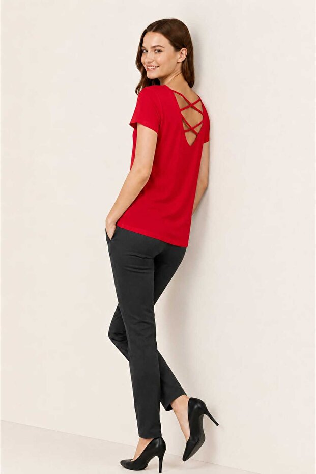Short Sleeve V Neck Blouse with Cross Back Detail