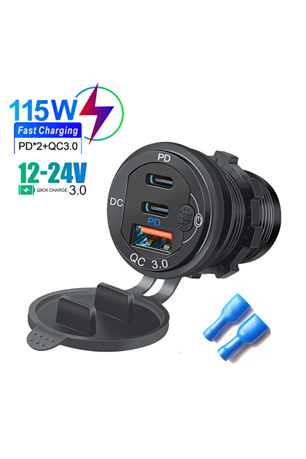 شاحن سيارة أسود بقوة 115 واط مع تقنية QC3.0 وPD من النوع C، مقبس شحن سيارة بثلاثة منافذ USB مع مقياس فولت ومفتاح، مصنوع من الألومنيوم