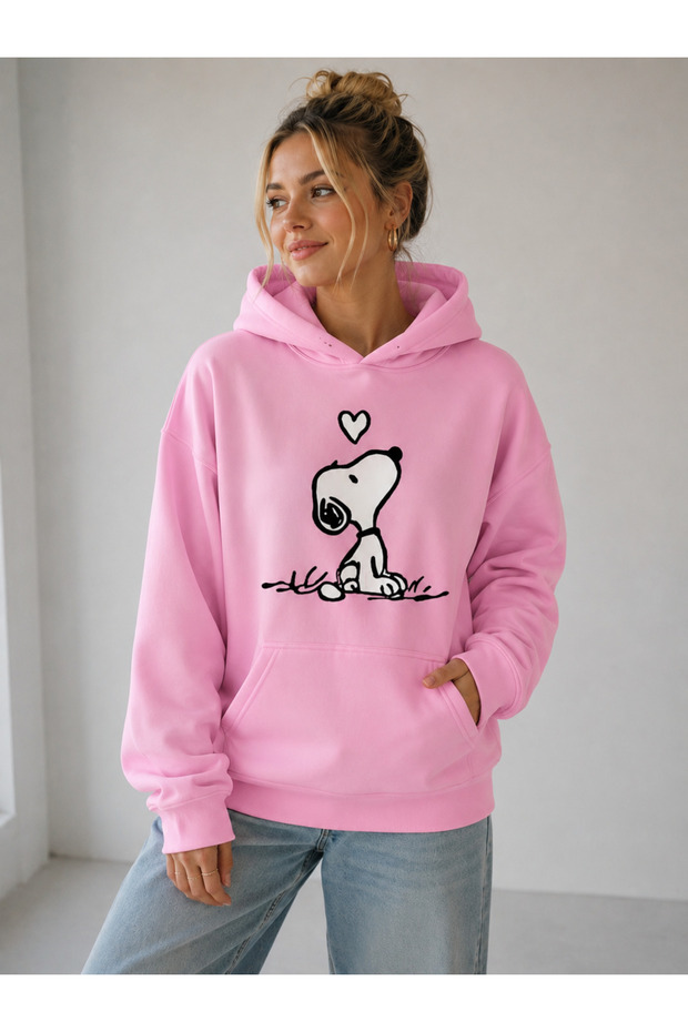 Women's Lovely Snoopy Printed 3 Thread Thick Sweatshirt - Pink Thick Sweat Oversize Hoodie