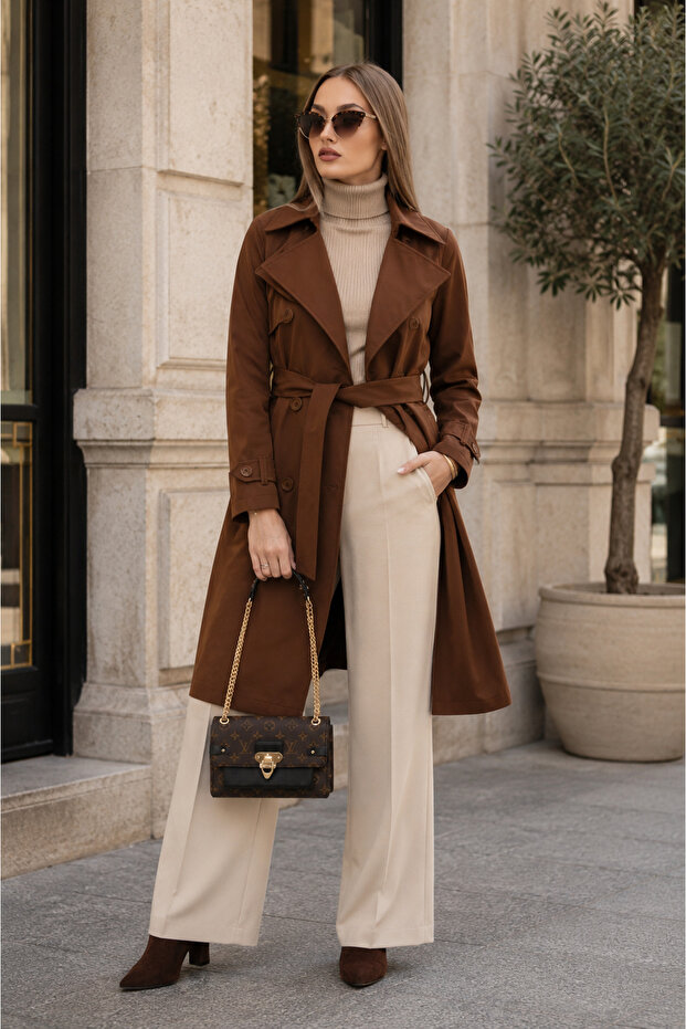معطف طويل بتفاصيل حزام للنساء 255115 -